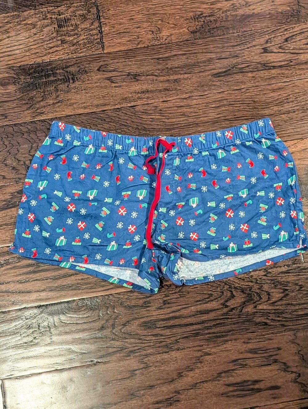 Women's Blue Holiday Christmas Print Pajama Lounge Shorts with Red Drawstring